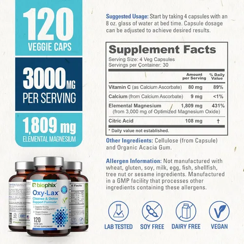 Vista 4 de biophix Oxy-Lax 750 mg 120 Vcaps - Laxantes naturales para el estreñimiento ocasional - Laxante de magnesio con magnesio oxigenado - Limpieza
