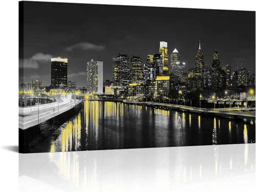 Vista 7 de sechars Lienzo artístico de pared de Filadelfia, blanco y negro, rojo, ciudad de Estados Unidos, horizonte nocturno, impresión fotográfica moderna