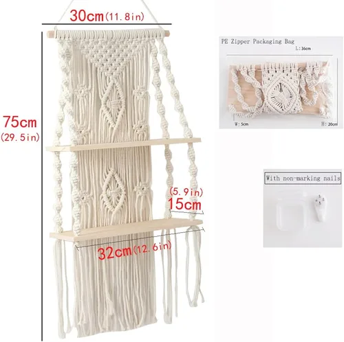 Vista 2 de Estante de macramé para colgar en la pared, estantes bohemios para colgar en la pared de plantas pequeñas, marcos de fotos, decoración del hogar, 2T