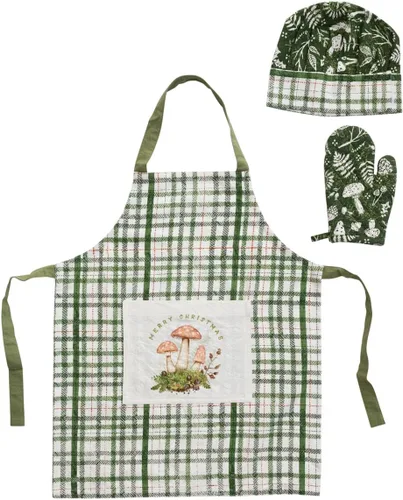Vista 4 de Creative Co-Op Delantal infantil con estampado de algodón flameado, sombrero de chef y guante caliente
