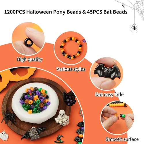 Vista 3 de 1200 cuentas de poni de Halloween a granel, 45 cuentas de murciélago negro, morado, naranja, verde, cuentas Kandi de plástico de 0.236 x 0.354 8