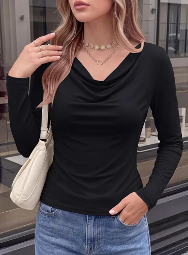 Vista 3 de PRETTYGARDEN Tops de cuello redondo para mujer, camisa de manga larga a la Negro