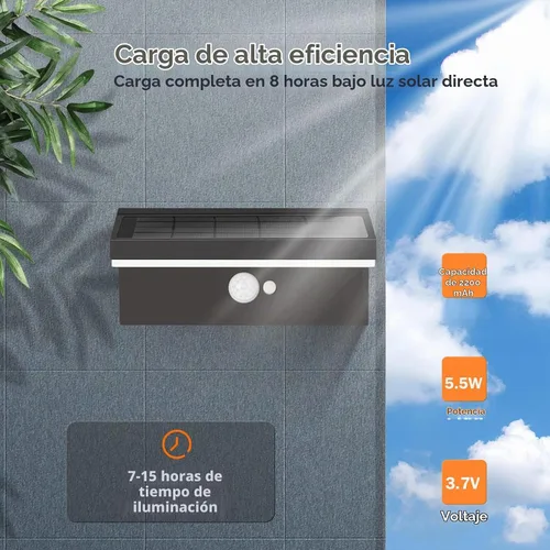 Vista 4 de Lustrlach Luces solares de pared con sensor de movimiento para exteriores, impermeables, LED, aplique de pared solar, negro, del anochecer al