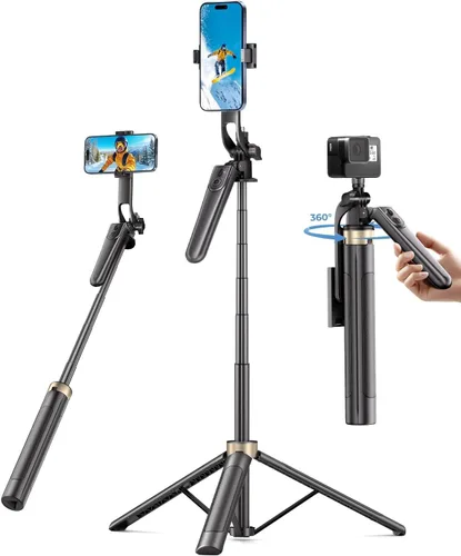 Vista 3 de Trípode de teléfono de 70 pulgadas, trípode de viaje para selfie stick para iPhone, control remoto inalámbrico para selfies, palo selfie extensible