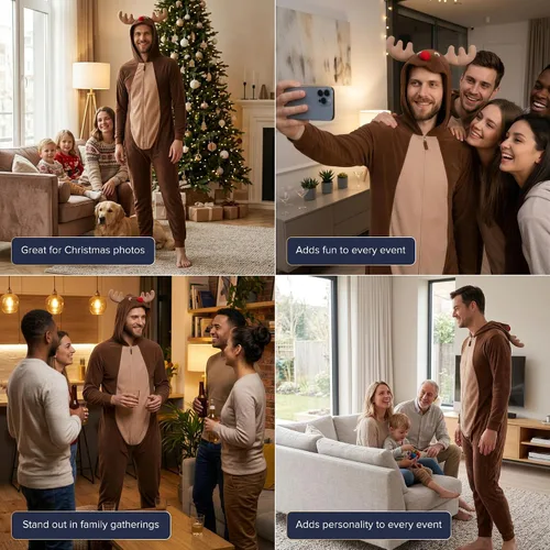 Vista 8 de SLEEPHERO Mono de forro polar para hombre, traje de unión con cremallera completa y capucha, pijama suave de una pieza para adultos Reno divertido
