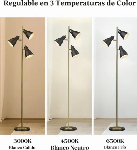 Vista 3 de ELYONA Lámpara de pie con árbol dorado con 3 luces giratorias ajustables, luces de pie industriales de poste alto de metal con 3 bombillas LED