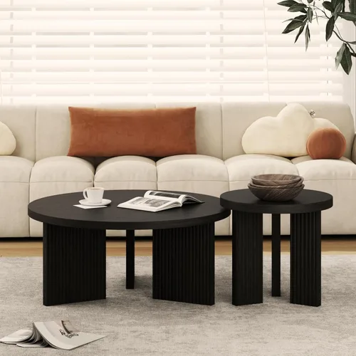 Vista 20 de Mesa de centro redonda de madera, mesa de centro de 35 pulgadas con mesa gruesa y lisa, mesa central de círculo bajo con patas estables