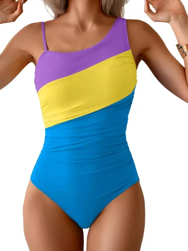 Vista 24 de Aidonger Traje de baño de una pieza con un hombro para mujer, traje de baño de bloque