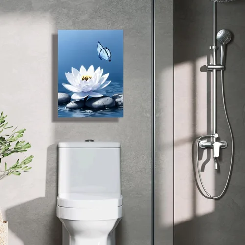 Vista 7 de Lwlaboc Lienzo Zen Impresiones de arte de pared de loto azul marino, flores de loto blanco y mariposa, decoración de pared para meditación