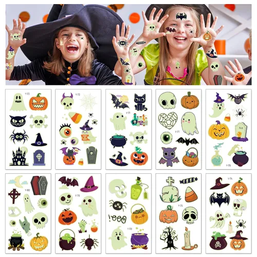 Vista 2 de Ozepao Juego de 10 hojas de calcomanías temporales de tatuaje de Halloween, 88 diseños únicos con calabazas, calaveras, esqueletos, fantasmas