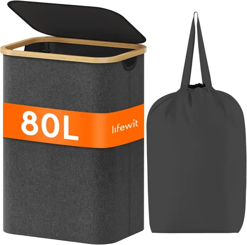 Vista 38 de Lifewit Cesta de lavandería de 80 litros con tapa, cestas de ropa para lavandería con asas de bambú y una bolsa de lavandería extraíble, cesta Beige