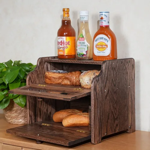 Vista 2 de CONSDAN Panera de madera maciza de roble para encimera de cocina, contenedor de pan de doble capa para almacenamiento de pan, caja de pan de gran