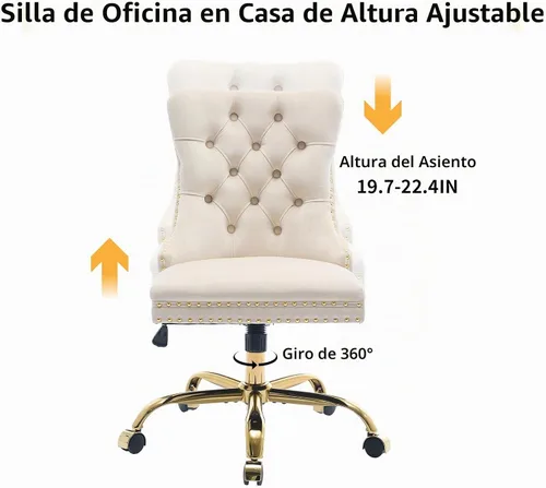 Vista 6 de Silla de escritorio de terciopelo beige para oficina en casa con ruedas y base dorada, linda silla de tocador con respaldo acolchado para mujeres