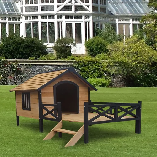 Vista 8 de Casa grande para perros al aire libre con porche: refugio elevado de madera para perros - Cabaña de madera resistente a la intemperie