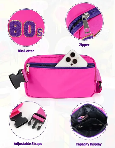 Vista 6 de Riñonera de neón de los años 80, bolsas cruzadas ajustables retro, riñoneras, para mujer, fiesta temática de los años 80, Rosa Rojo, Pequeña, Bolso