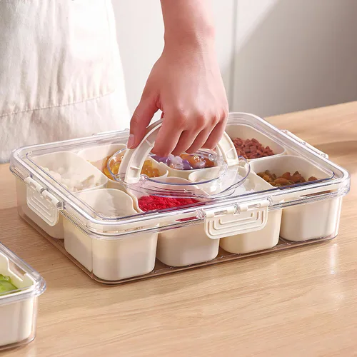 Vista 4 de Paquete de 2 Cajas Snackle con Asa para Bandeja de Servir Alimentos Plato de Aperitivos con Tapas Contenedor Apilable de Frutas y Verduras con 8
