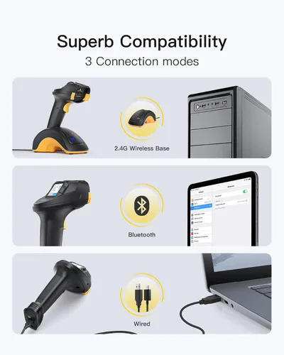 Vista 4 de Inateck Escáner de código de barras Bluetooth, escáner de mano inalámbrico 2D 1D, escáner de código QR, equipado con una pantalla táctil y base