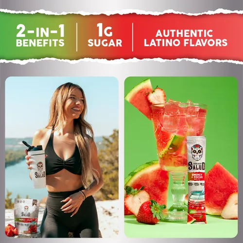 Vista 5 de Salud - Paquete de 2 2 en 1 Energy + Focus (lima de pepino) y energía + enfoque (sandía de fresa) – 15 porciones cada una, mezcla de bebida Agua