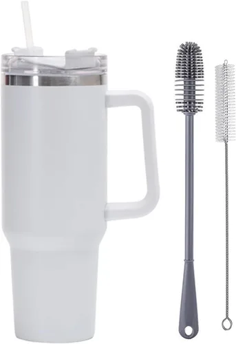 Vista 12 de Botella de agua aislada de acero inoxidable de 40 onzas con tapa con pajilla, vaso aislado al vacío de acero inoxidable con asa, vasos aislados Negro