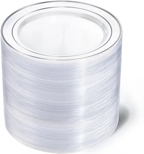 Vista 18 de I00000 60pcs 7" platos de postre de plástico de oro transparente, platos de Platos de plástico transparente con borde dorado, platos desechables