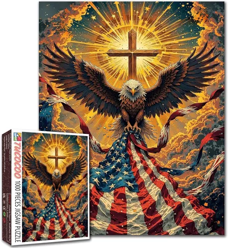 Vista 12 de Rompecabezas de 1000 piezas con la bandera americana y águila para adultos, rompecabezas del 4 de julio, para juegos de actividades familiares