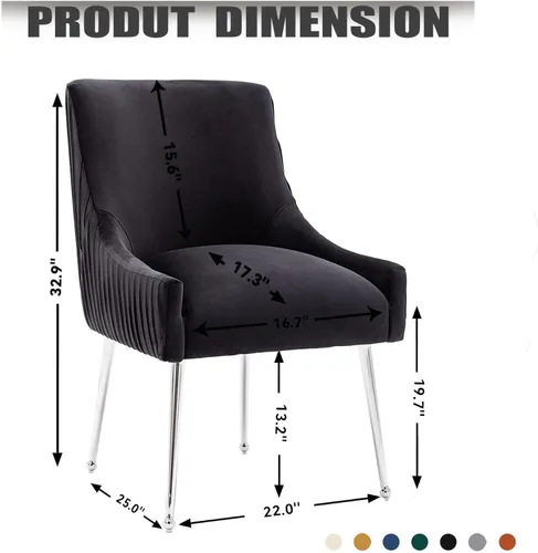Vista 3 de Sillas de comedor de estilo moderno de terciopelo tapizado, silla de acento de tocador con barra vertical, silla capitonada con patas plateadas
