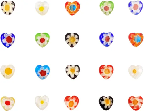 Vista 7 de YouLuo Millefiori Lampwork - 100 cuentas sueltas de cristal con forma de corazón, cuentas espaciadoras redondas para hacer joyas