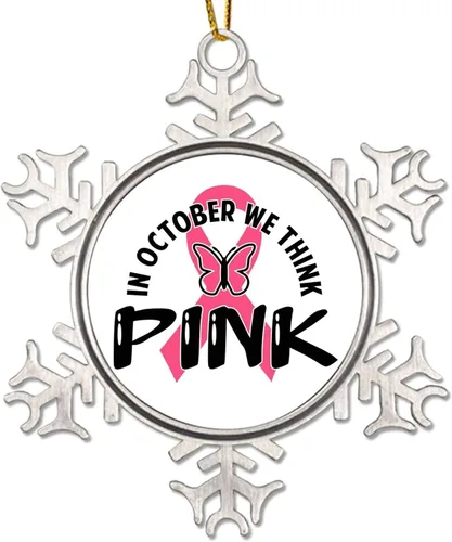 Vista 13 de Adorno colgante de Navidad Stronger Than Cancer Brest Cancer Awareness Metal Copo de nieve Adornos de Navidad Recuerdo Rosa Sobreviviente de Cáncer