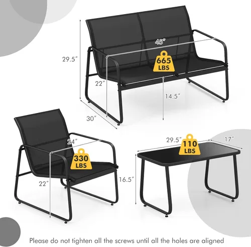 Vista 5 de Tangkula Juego de muebles de patio de 4 piezas, juego de conversación al aire libre con mesa de centro de vidrio templado, juego de muebles