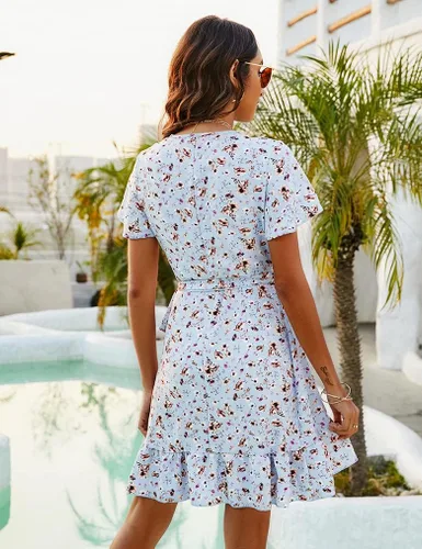 Vista 2 de Naggoo - Vestido de verano corto con diseño cruzado para mujer, vestido con cuello en V, estampado de lunares o floral, volantes, manga corta