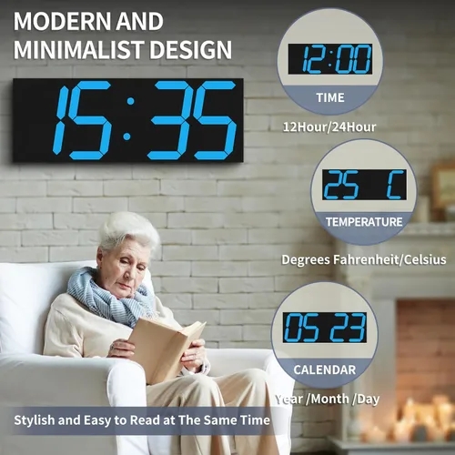 Vista 5 de CHKOSDA Reloj de pared digital grande de 18.7 pulgadas, reloj digital LED con número grande, reloj de pared multifunción con control remoto