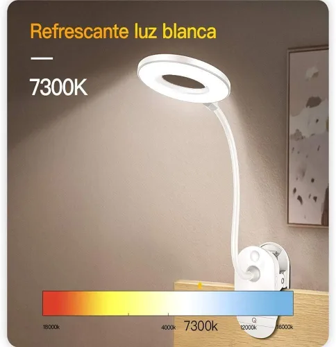 Vista 4 de Lámpara de lectura con clip, funciona con pilas con 3 niveles de brillo, recargable por USB