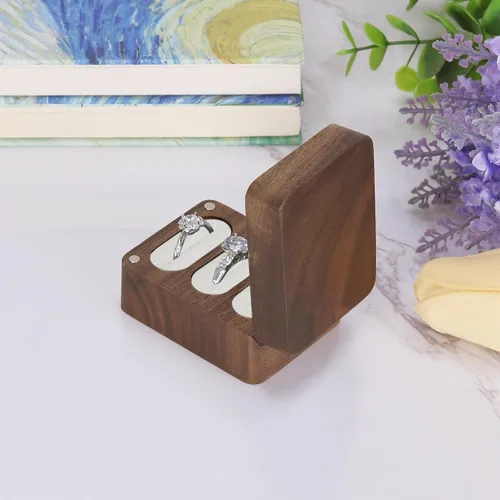 Vista 4 de LETURE Caja de terciopelo de madera con 3 ranuras, caja de madera personalizada para compromiso, boda, cumpleaños, día de San Valentín