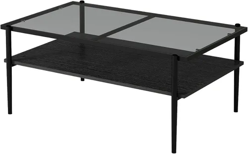 Vista 5 de Mesa auxiliar de cristal, mesa de centro de mediados de siglo de 2 niveles con parte superior de vidrio templado gris y estante de almacenamiento