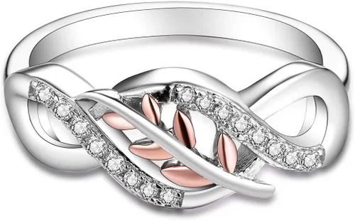 Vista 2 de JO WISDOM Anillo de plata de ley 925 con nudo infinito y hoja de oro rosa con circonita cúbica