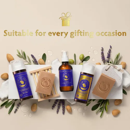 Vista 3 de Ancient Greek Remedy Set de regalo de spa orgánico – Aceite corporal, hidratante facial, bálsamo de pies y 2 barras de jabón – Cesta de regalo