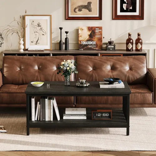 Vista 2 de Mesa de centro para sala de estar con marco de listones laterales, moderna mesa de sala de estar de granja con estante de almacenamiento de 2