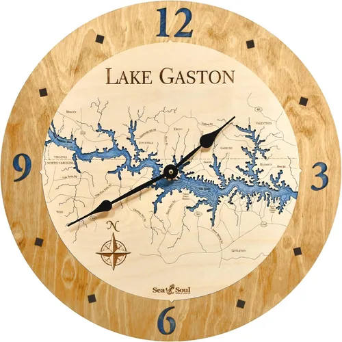 Vista 6 de Sea & Soul Lake Gaston Reloj náutico con mapa de madera 3D, reloj de profundidad de agua tallada en arte del lago, reloj de pared único, decoración