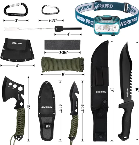 Vista 7 de WORKPRO Hacha de camping y machete con funda, hacha de campamento y cuchillos de hoja fija con mango de paracord, linterna frontal, pedernal, juego