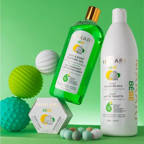 Vista 7 de MAKARI Gel espumoso para el cabello y el cuerpo del bebé Lavado suave para pieles sensibles y delicadas Hipoalergénico y sin parabenos