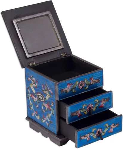 Vista 3 de NOVICA Joyero de madera y vidrio pintado inverso, azul 'Celestial Blue