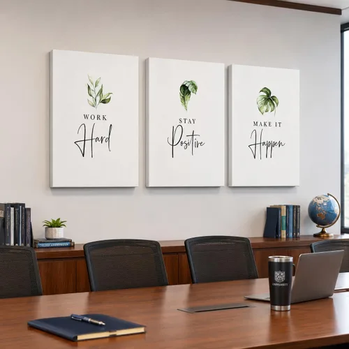 Vista 59 de Arte de pared inspirador de 3 piezas, imagen de refranes de plantas blancas, citas de trabajo y estadía, impresiones en lienzo para decoración