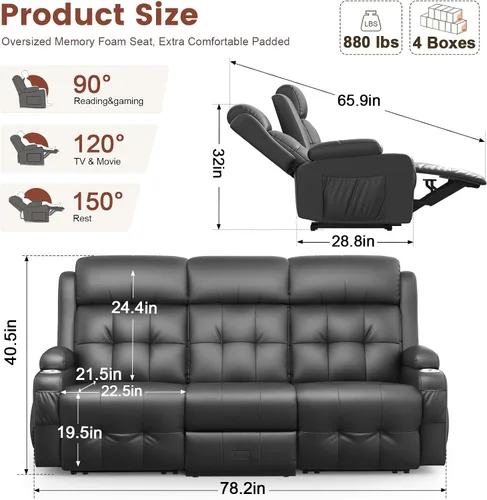 Vista 148 de Sofá de Dos Plazas Reclinable, Sofá Reclinable de Masaje con Gran Capacidad de Peso, Silla de Dos Plazas para RV en Liquidación con Consola, USB