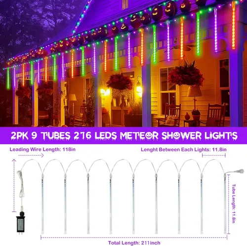 Vista 4 de Paquete de 2 luces de Halloween para exteriores, 16 tubos y 384 luces LED de lluvia de meteoritos Extendable, Timer, Waterproof Halloween String
