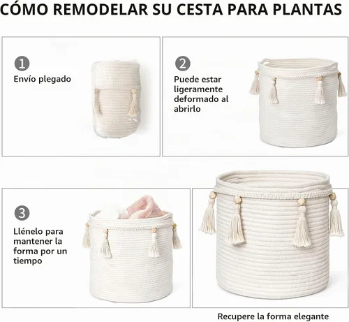Vista 7 de Mkono - Canasta decorativa de macramé de cuerda de algodón boho, linda cesta tejida con borla, contenedores de almacenamiento para armario