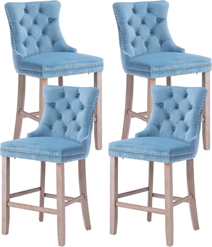 Vista 29 de Taburetes de bar tapizados de terciopelo modernos de 27 pulgadas con patas de madera, botón con cabeza de clavo cromada, taburetes de bar con Beige