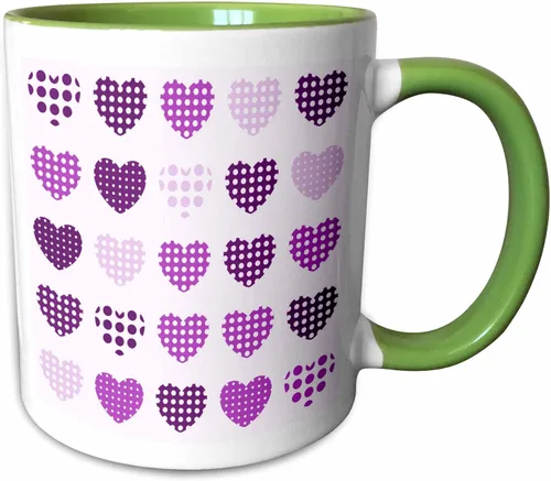 Vista 18 de 3dRose Taza de café, tamaño: 15 onzas, patrón de corazones de lunares morados y blancos en una fila, divertido regalo de taza de café