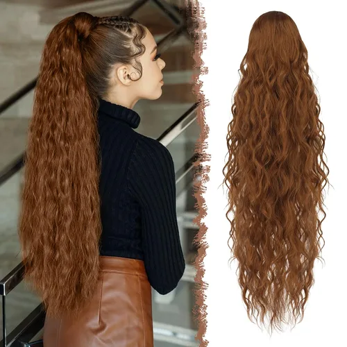 Vista 18 de FESHFEN Extensiones de cola de caballo – 26 pulgadas cordón largo rizado ondulado clip en colas de caballo pelo sintético extensiones de cola