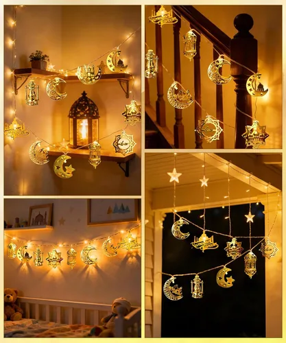 Vista 7 de Luces de Ramadán Eid Mubarak, decoraciones de Ramadán para el hogar, 10 luces LED Eid Mubarak, guirnalda de luces de luna y estrella, linterna Eid