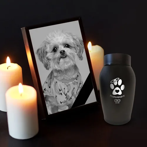 Vista 3 de Urna de recuerdo pequeña personalizada grabada con nombre de mascota, fecha y diseño de perro, urna de cremación de acero recubierto de polvo negro